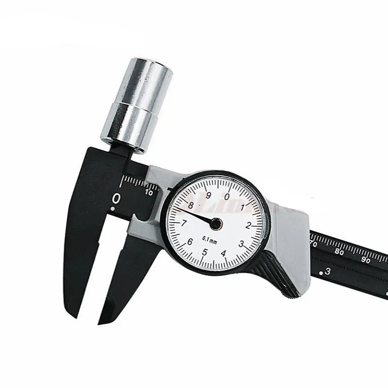 Black plastic vernier caliper showing 0-150mm measurement scale with 0.1mm resolution
