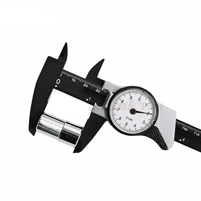 Black plastic vernier caliper showing 0-150mm measurement scale with 0.1mm resolution