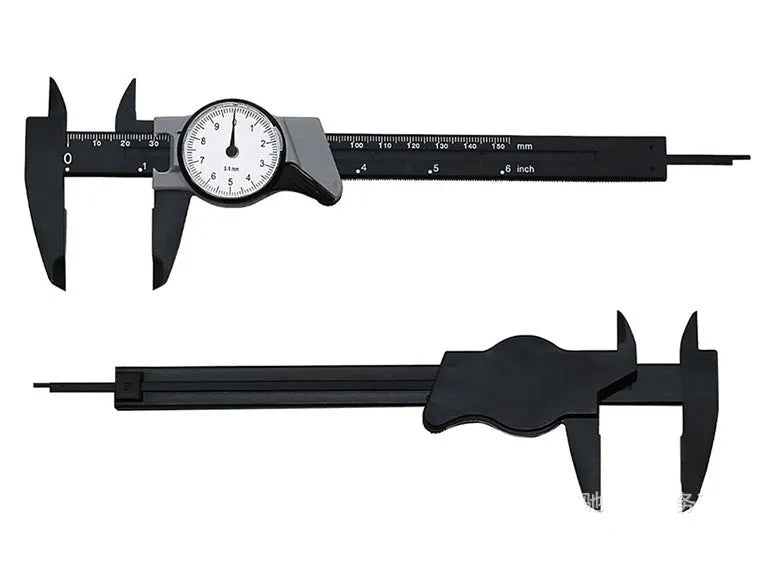 Black plastic vernier caliper showing 0-150mm measurement scale with 0.1mm resolution