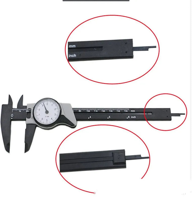 Black plastic vernier caliper showing 0-150mm measurement scale with 0.1mm resolution