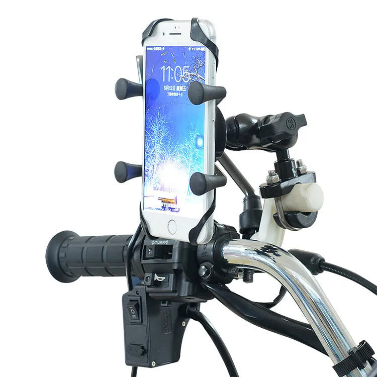 Black aluminium alloy phone mounting bracket attached to a motorcycle handlebar