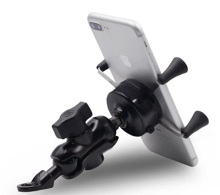 Black aluminium alloy phone mounting bracket attached to a motorcycle handlebar