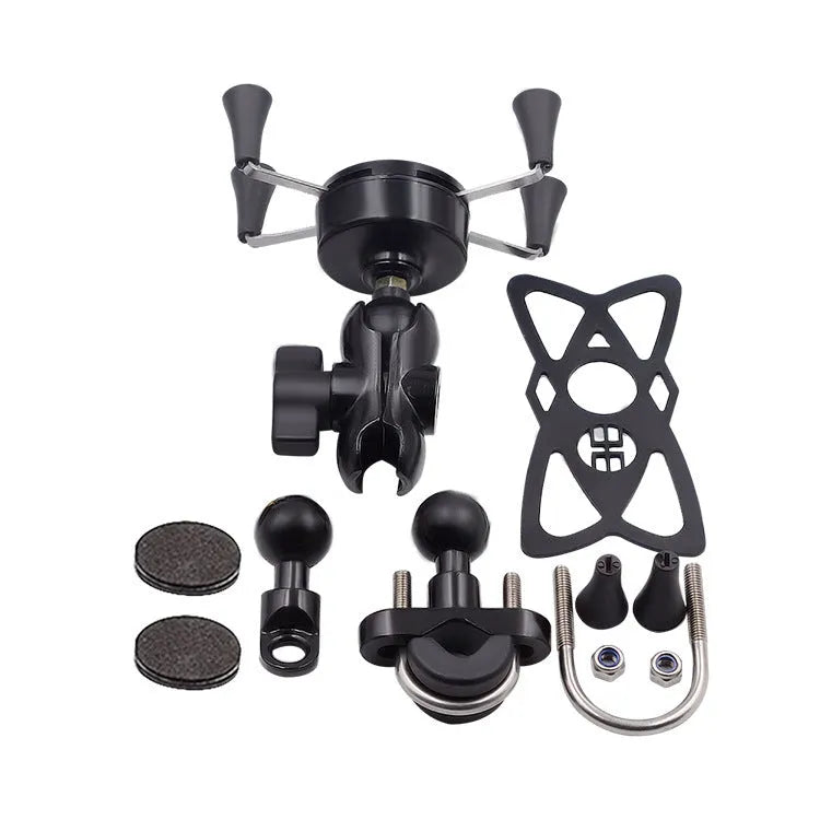 Black aluminium alloy phone mounting bracket attached to a motorcycle handlebar