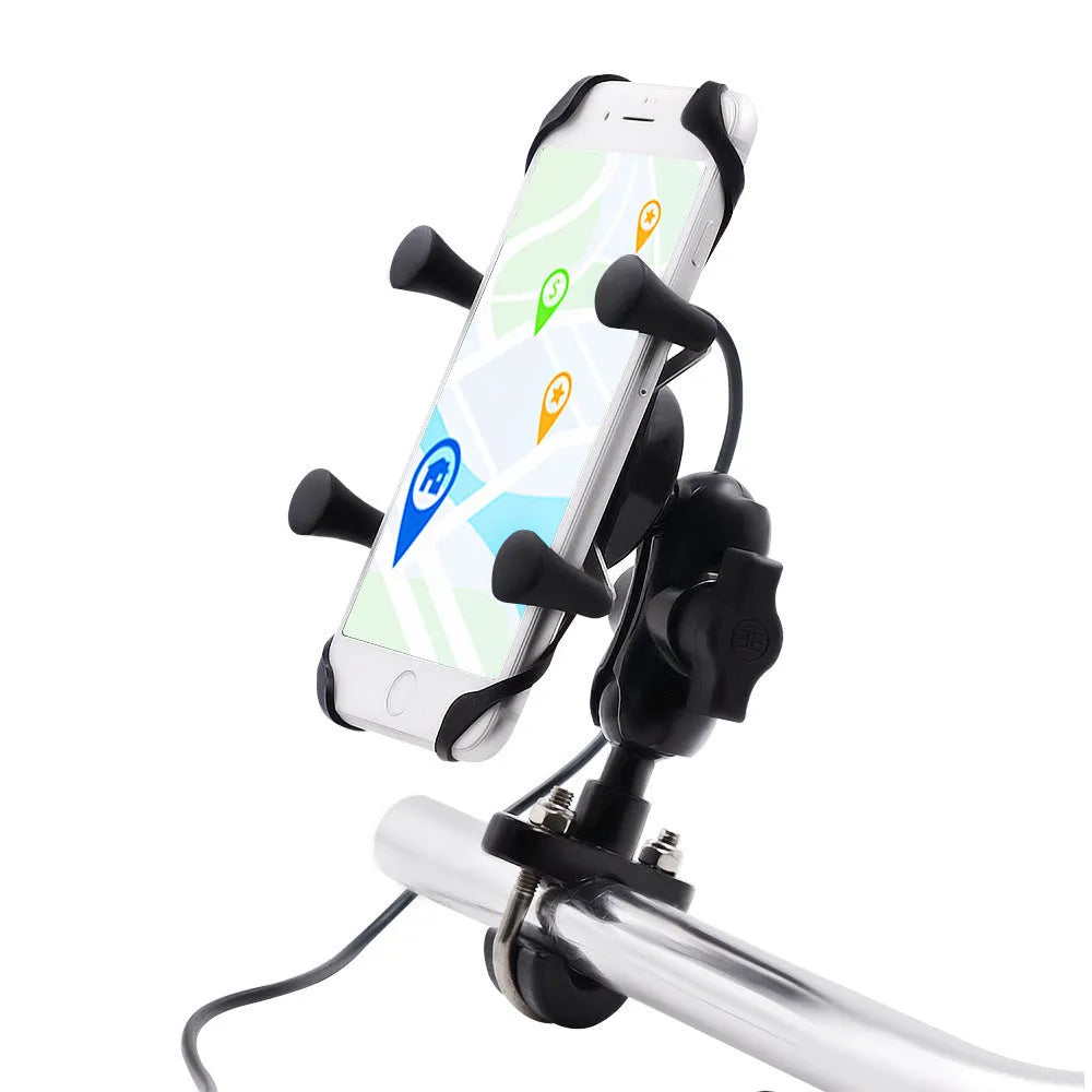 Black aluminium alloy phone mounting bracket attached to a motorcycle handlebar