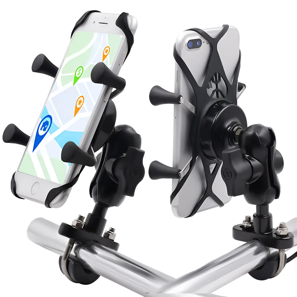 Black aluminium alloy phone mounting bracket attached to a motorcycle handlebar