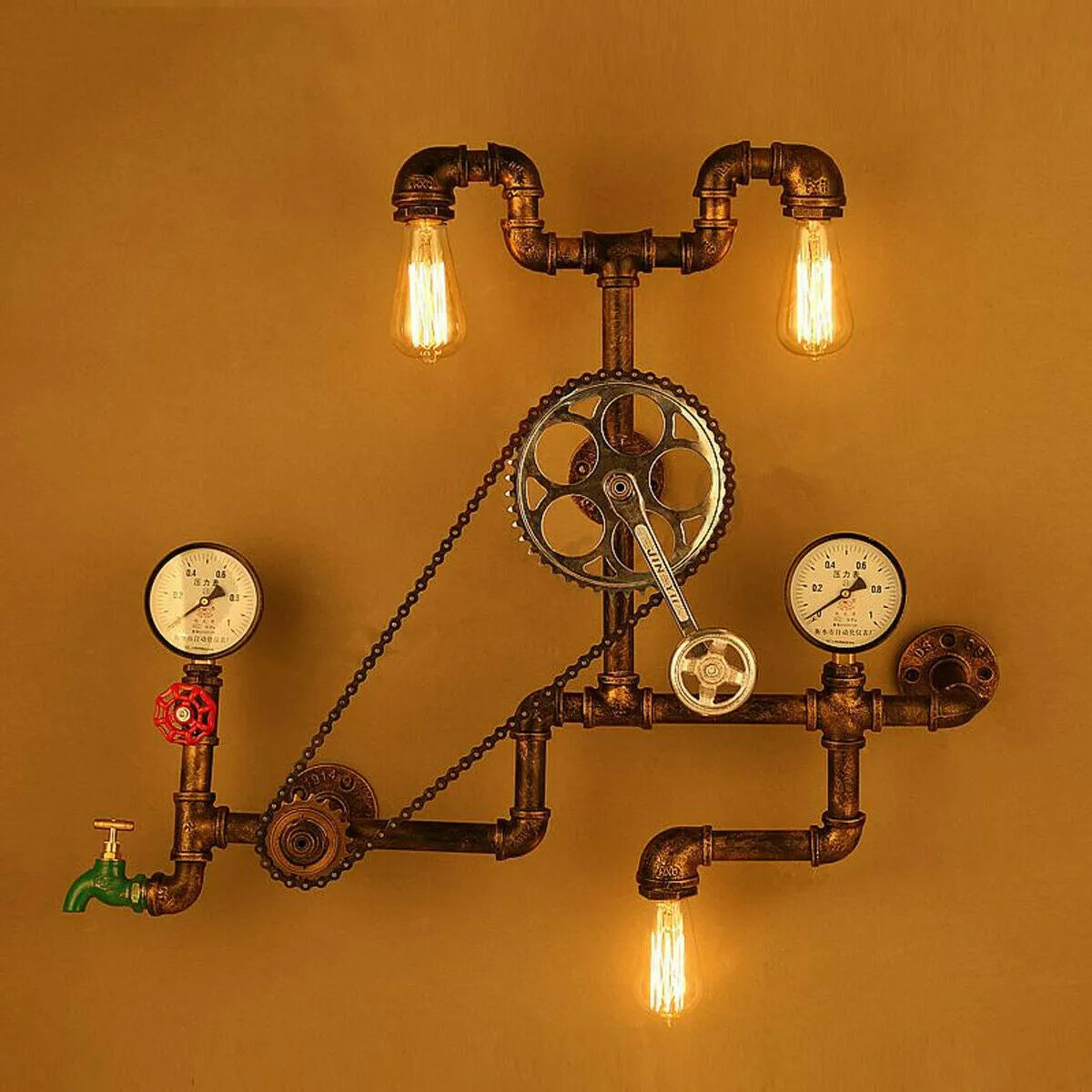 Steampunk industrial light switch valve with red 3/4 switch and gray copper tee thread connections