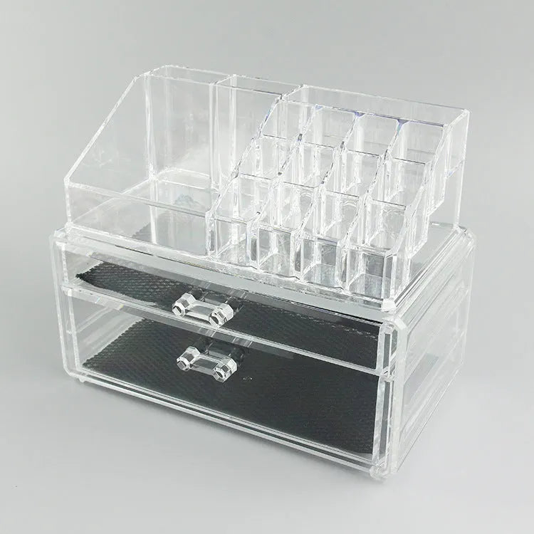 Clear acrylic foldable makeup storage organiser case showing transparent construction