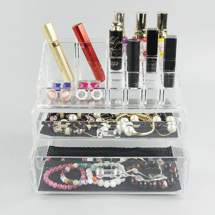 Clear acrylic foldable makeup storage organiser case showing transparent construction