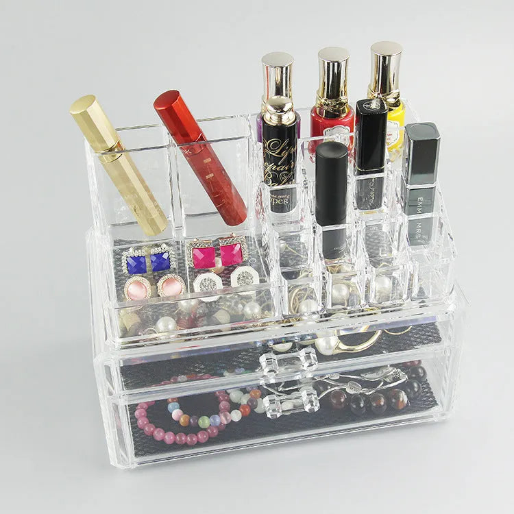 Clear acrylic foldable makeup storage organiser case showing transparent construction