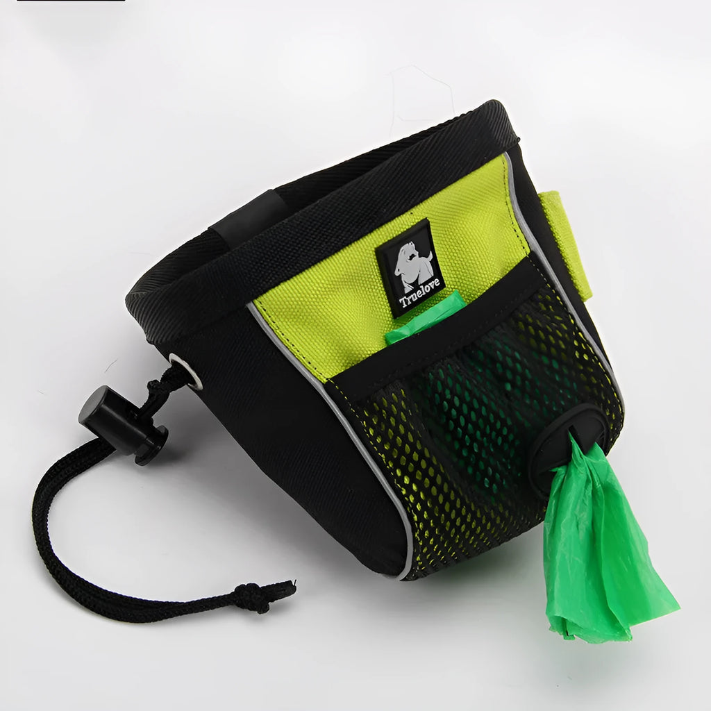 Green canvas dog training waist bag with a buckle, shown with a removable inner waste bag pouch.