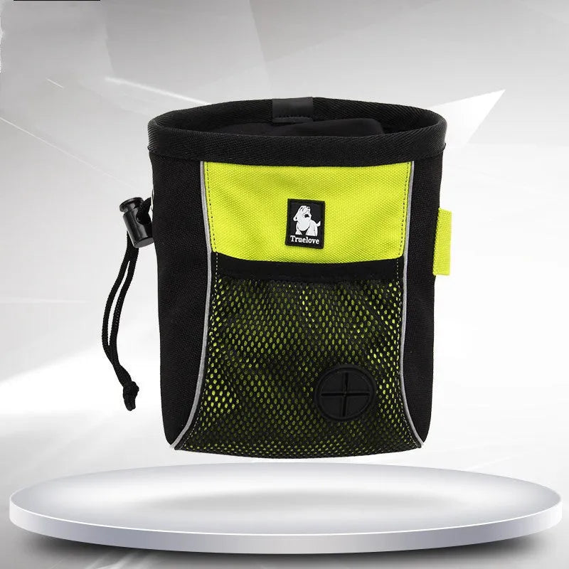Green canvas dog training waist bag with a buckle, shown with a removable inner waste bag pouch.