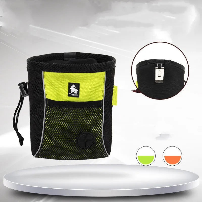 Green canvas dog training waist bag with a buckle, shown with a removable inner waste bag pouch.