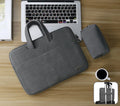 Blue PU leather laptop bag open showing internal organiser pockets for laptop, tablet and phone