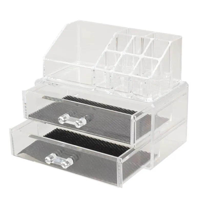 Clear acrylic foldable makeup storage organiser case showing transparent construction