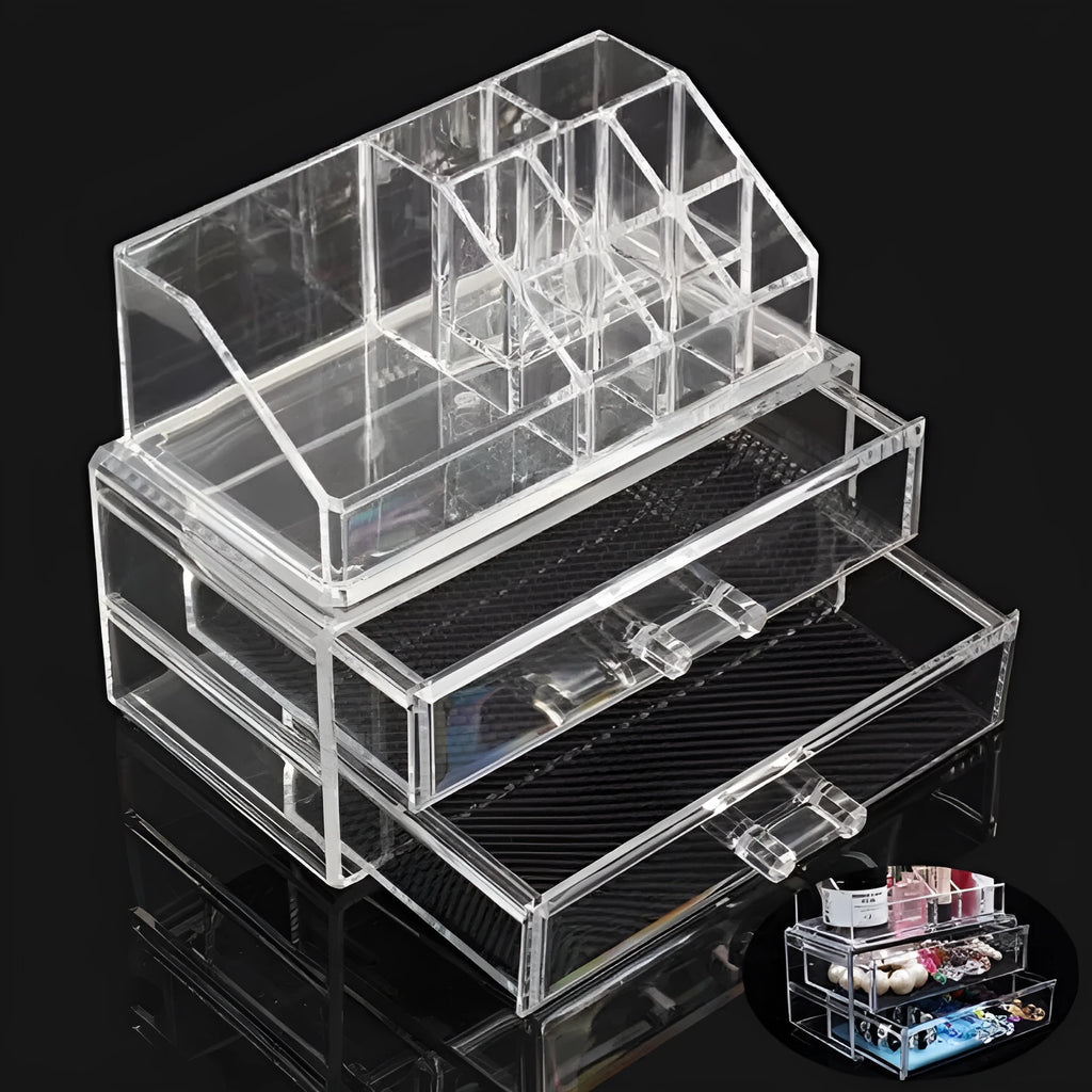 Clear acrylic foldable makeup storage organiser case showing transparent construction