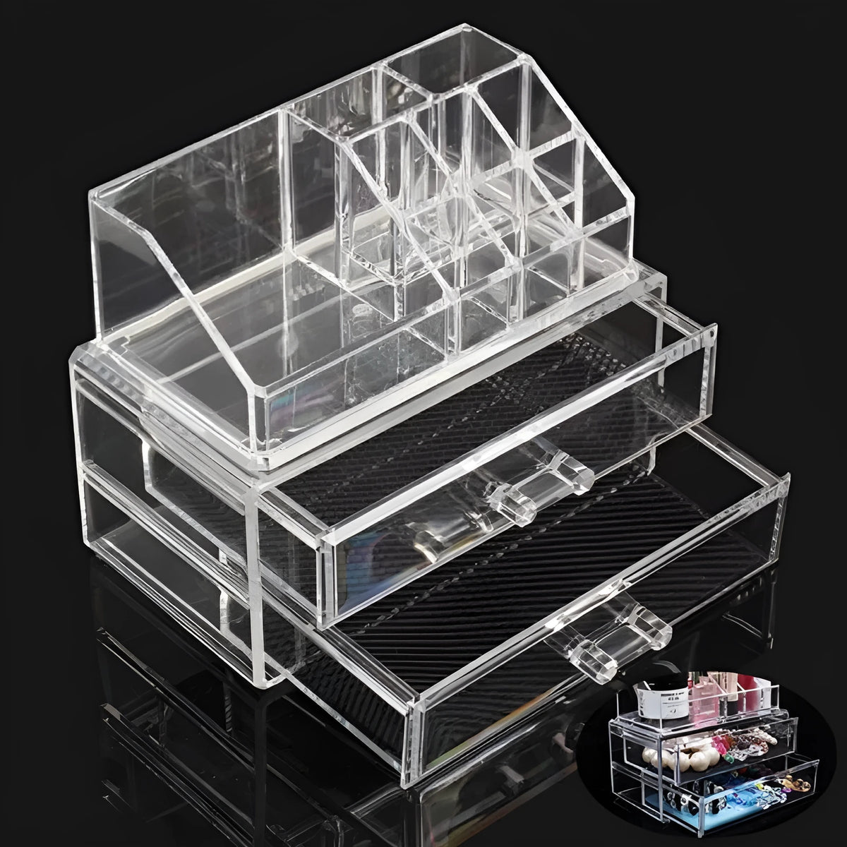 Clear acrylic foldable makeup storage organiser case showing transparent construction