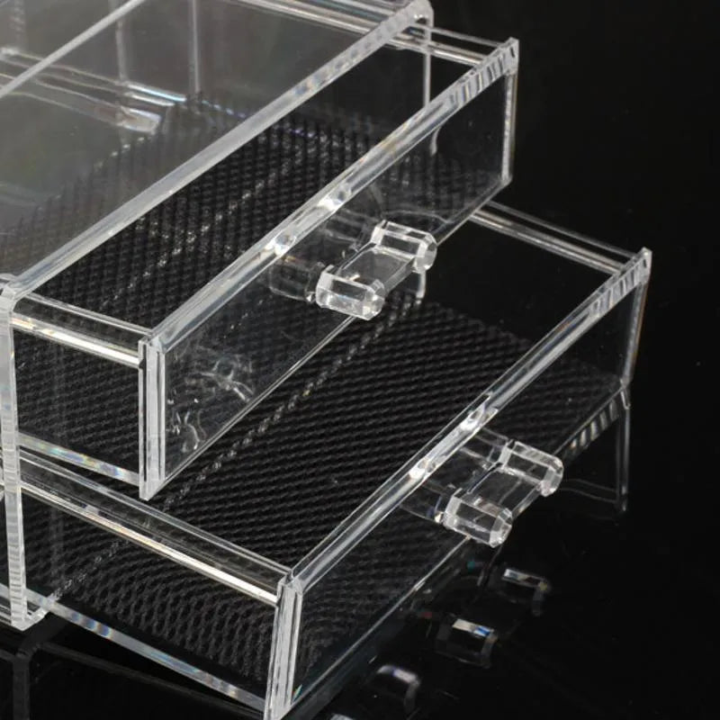 Clear acrylic foldable makeup storage organiser case showing transparent construction