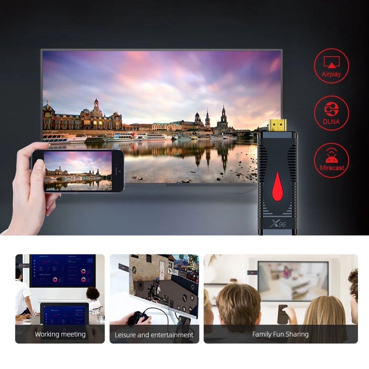Android smart TV set-top box dongle with remote and cables on a wooden surface.