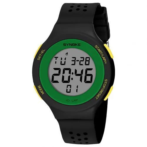 Thin LED digital sports watch with 50m waterproof rating, shown in multiple colour options.