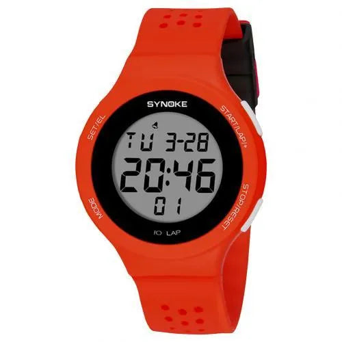 Thin LED digital sports watch with 50m waterproof rating, shown in multiple colour options.