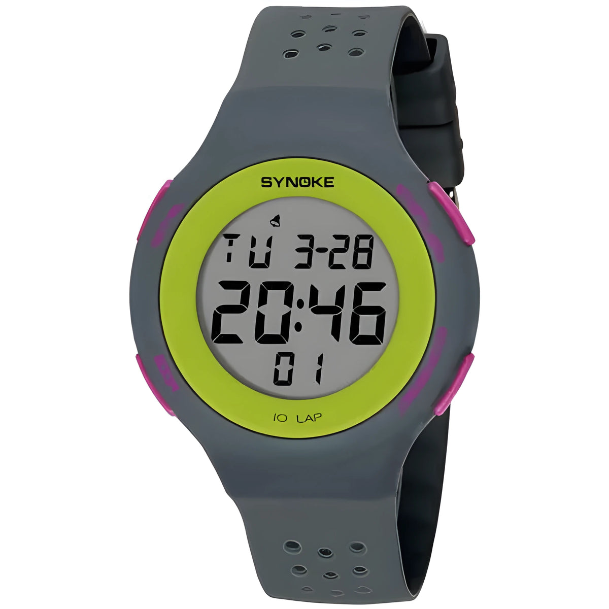 Thin LED digital sports watch with 50m waterproof rating, shown in multiple colour options.