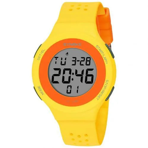Thin LED digital sports watch with 50m waterproof rating, shown in multiple colour options.