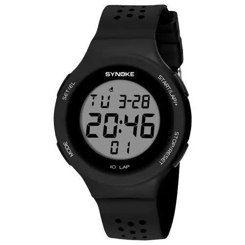 Thin LED digital sports watch with 50m waterproof rating, shown in multiple colour options.