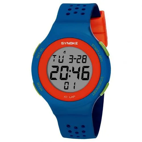 Thin LED digital sports watch with 50m waterproof rating, shown in multiple colour options.