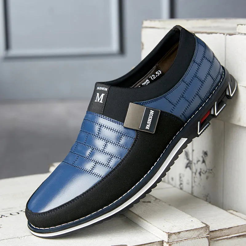 Men's casual leather shoes in black, blue, brown, and white colours showing low-top design with viscose soles