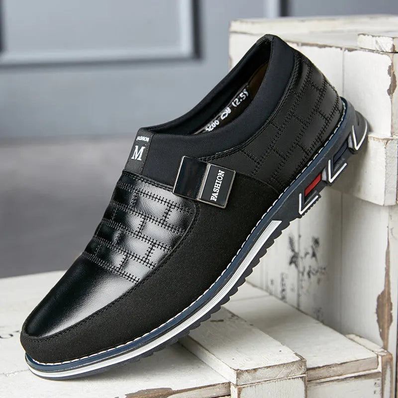 Men's casual leather shoes in black, blue, brown, and white colours showing low-top design with viscose soles