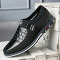 Men's casual leather shoes in black, blue, brown, and white colours showing low-top design with viscose soles