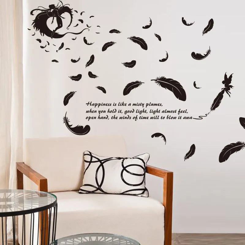 Black feather angel wall sticker with three generations design measuring 50x70cm for room decoration