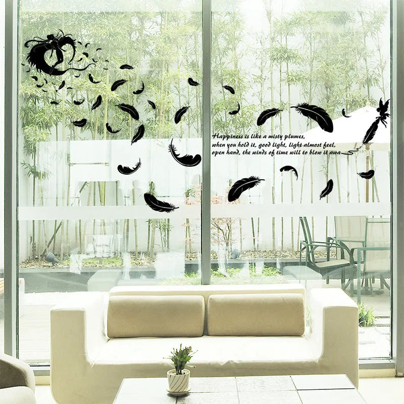 Black feather angel wall sticker with three generations design measuring 50x70cm for room decoration