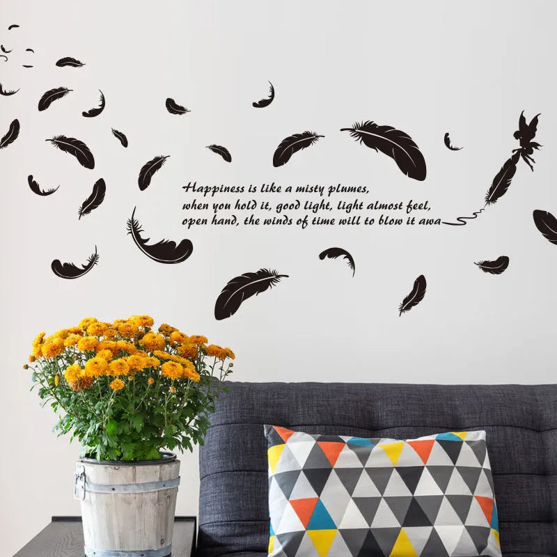 Black feather angel wall sticker with three generations design measuring 50x70cm for room decoration