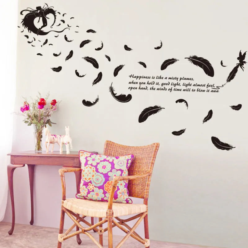 Black feather angel wall sticker with three generations design measuring 50x70cm for room decoration