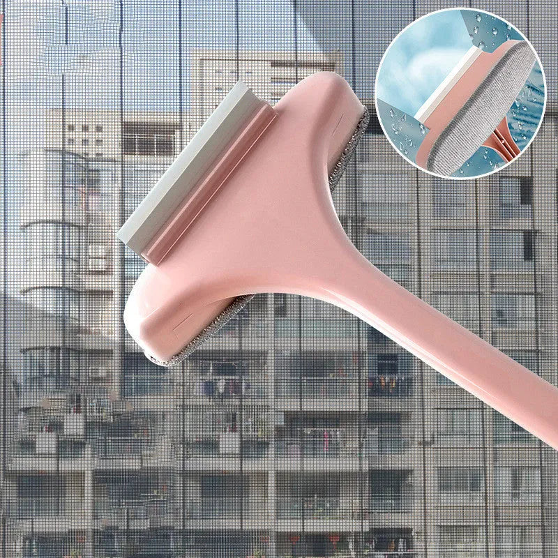 Blue and pink window screen cleaning brush with detachable crevice brush on a white background