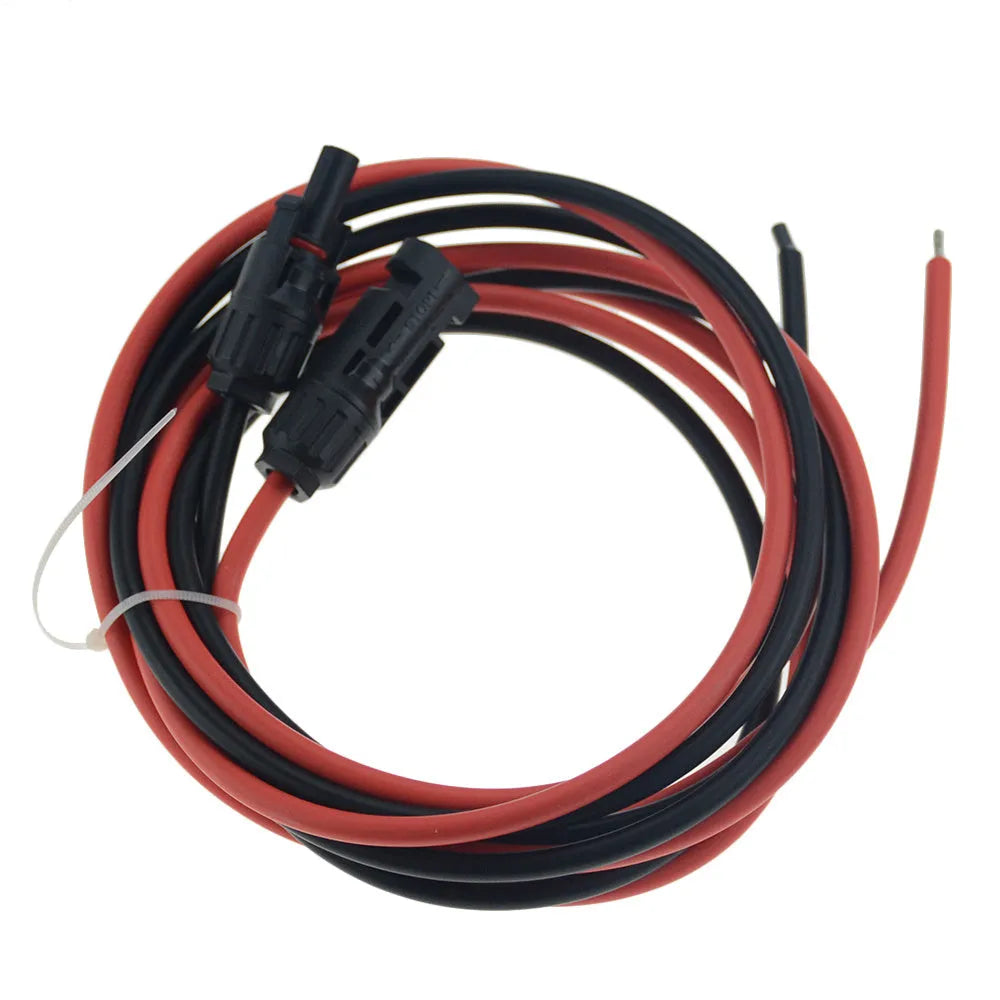 Black and red solar extension cables with MC4 connectors for photovoltaic panel systems.