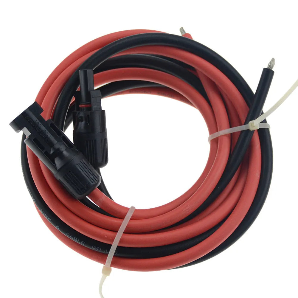 Black and red solar extension cables with MC4 connectors for photovoltaic panel systems.