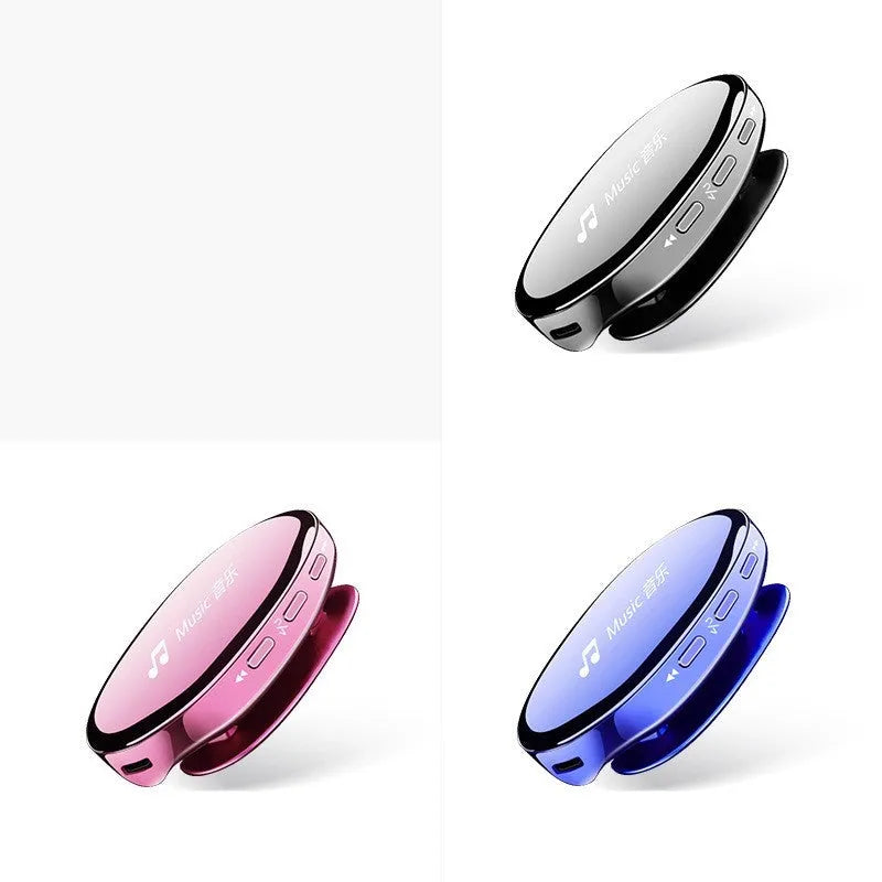 Bluetooth MP4 music player in black, blue or rose gold with OLED screen showing audio playback interface