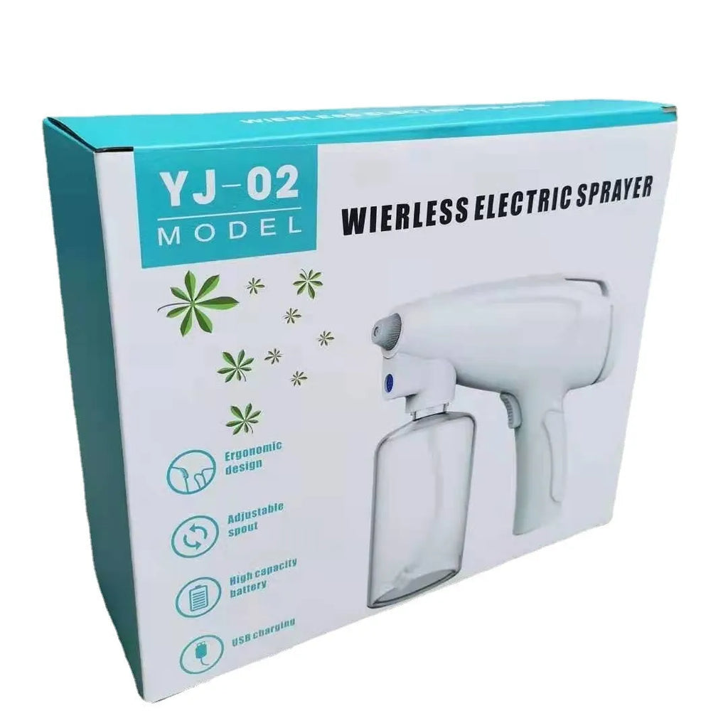 White handheld cordless electric spray gun with USB-C charging port on display