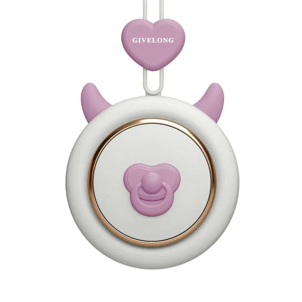 Mini bladeless neck band fan with hanging rope, shown in blue, green, pink, or purple.