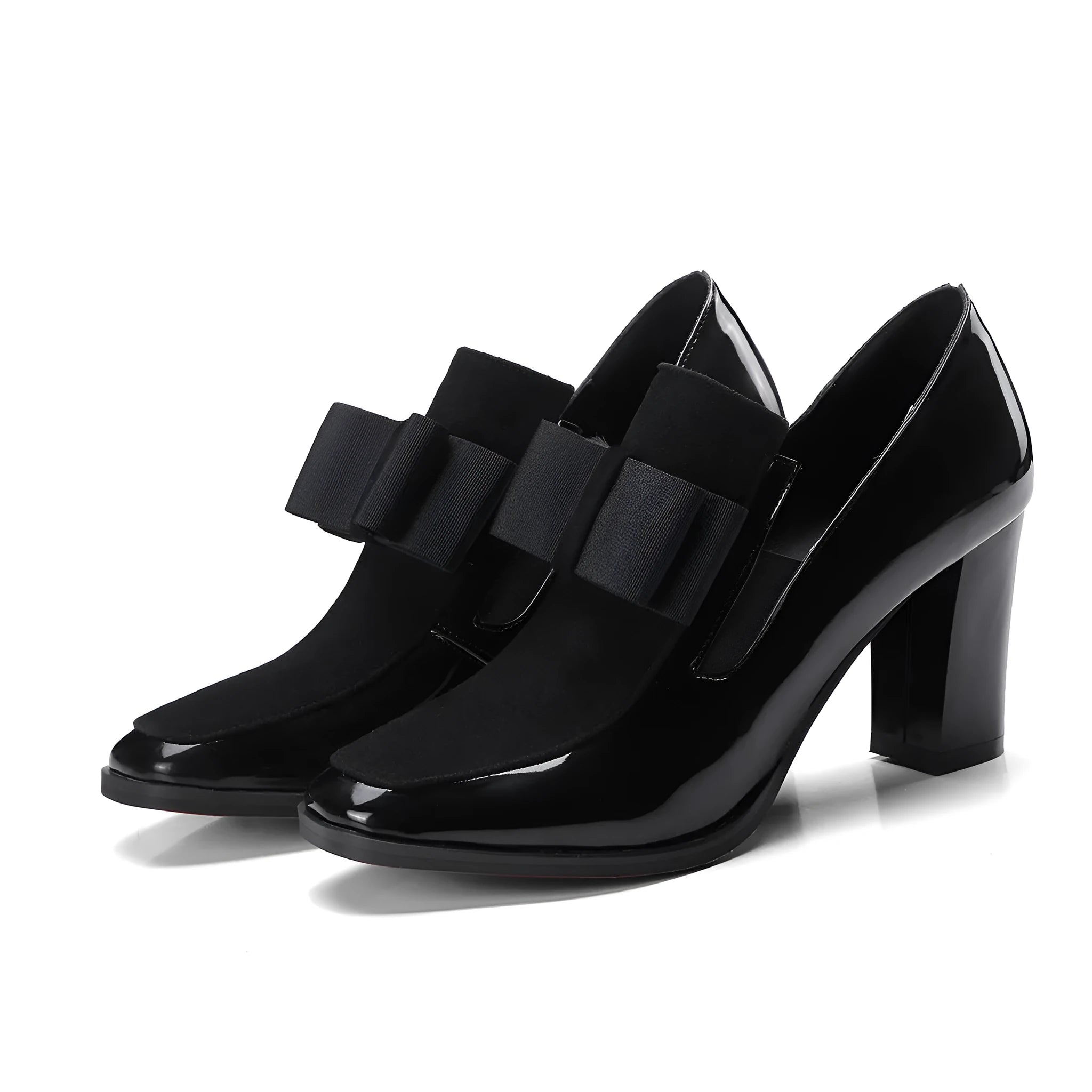 Women's black patent leather high heels with thick heel and square toe