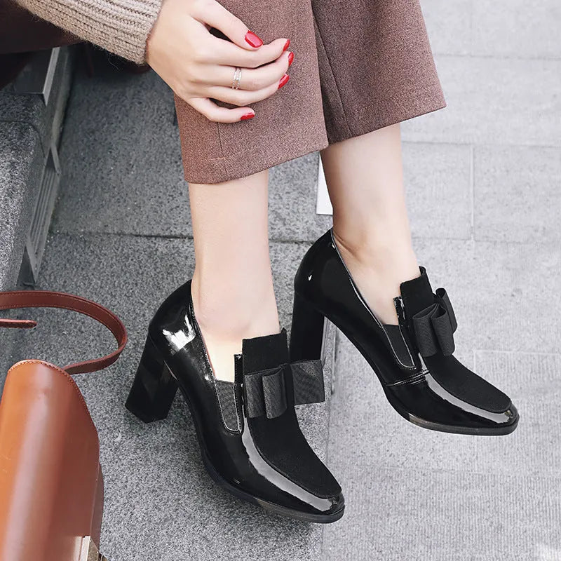 Women's black patent leather high heels with thick heel and square toe