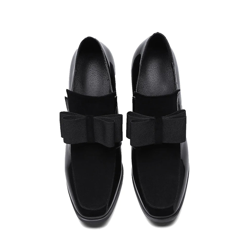 Women's black patent leather high heels with thick heel and square toe