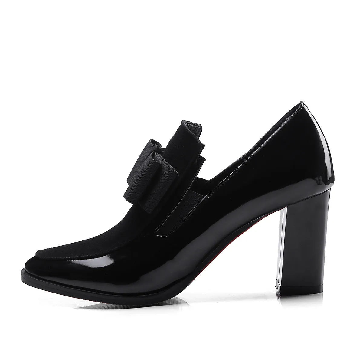 Women's black patent leather high heels with thick heel and square toe