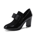 Women's black patent leather high heels with thick heel and square toe