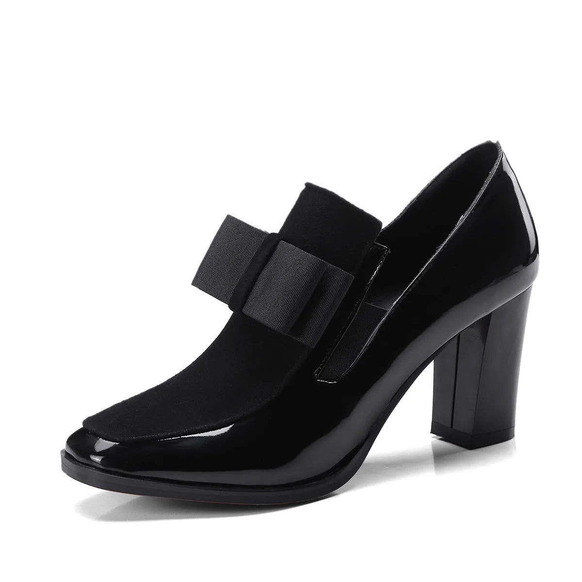 Women's black patent leather high heels with thick heel and square toe
