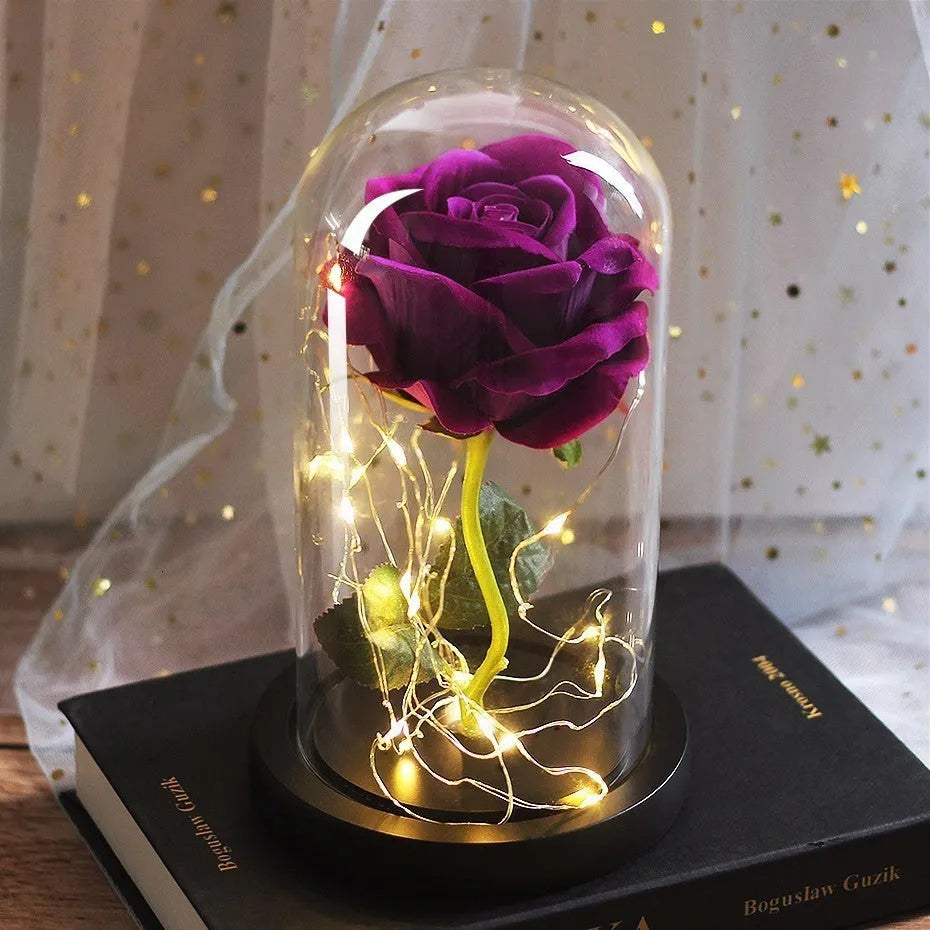 Flannel rose bouquet with warm white LED lights on wooden base