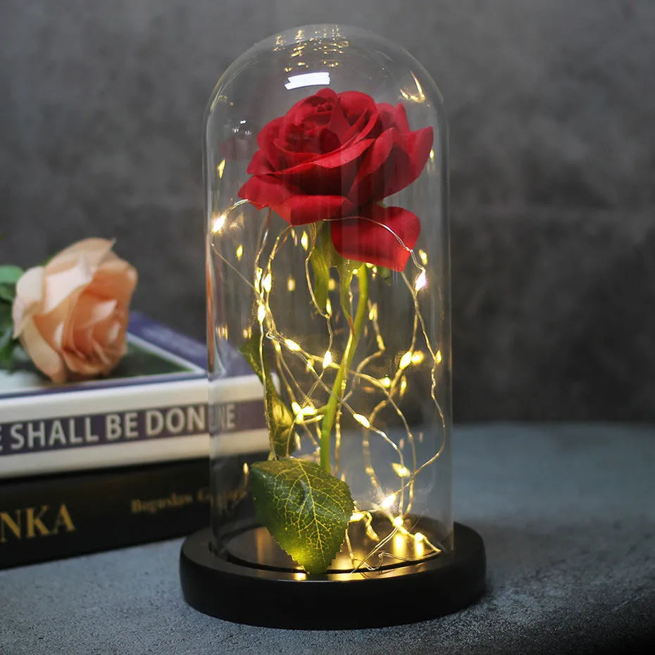Flannel rose bouquet with warm white LED lights on wooden base