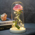 Flannel rose bouquet with warm white LED lights on wooden base